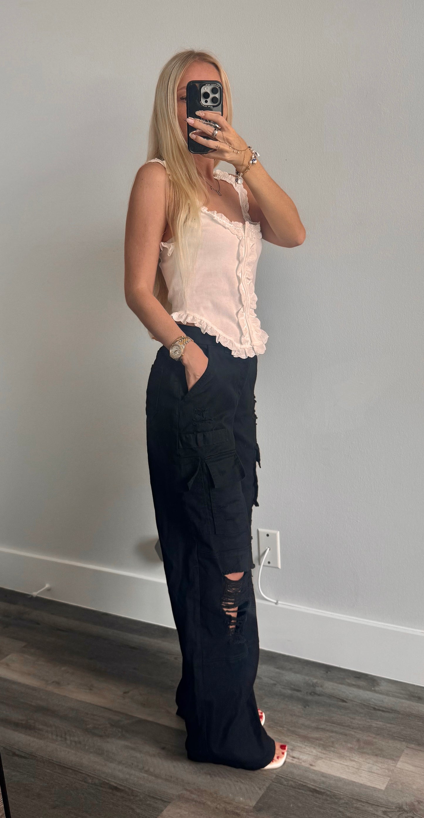 Black Distressed Cargo Jeans