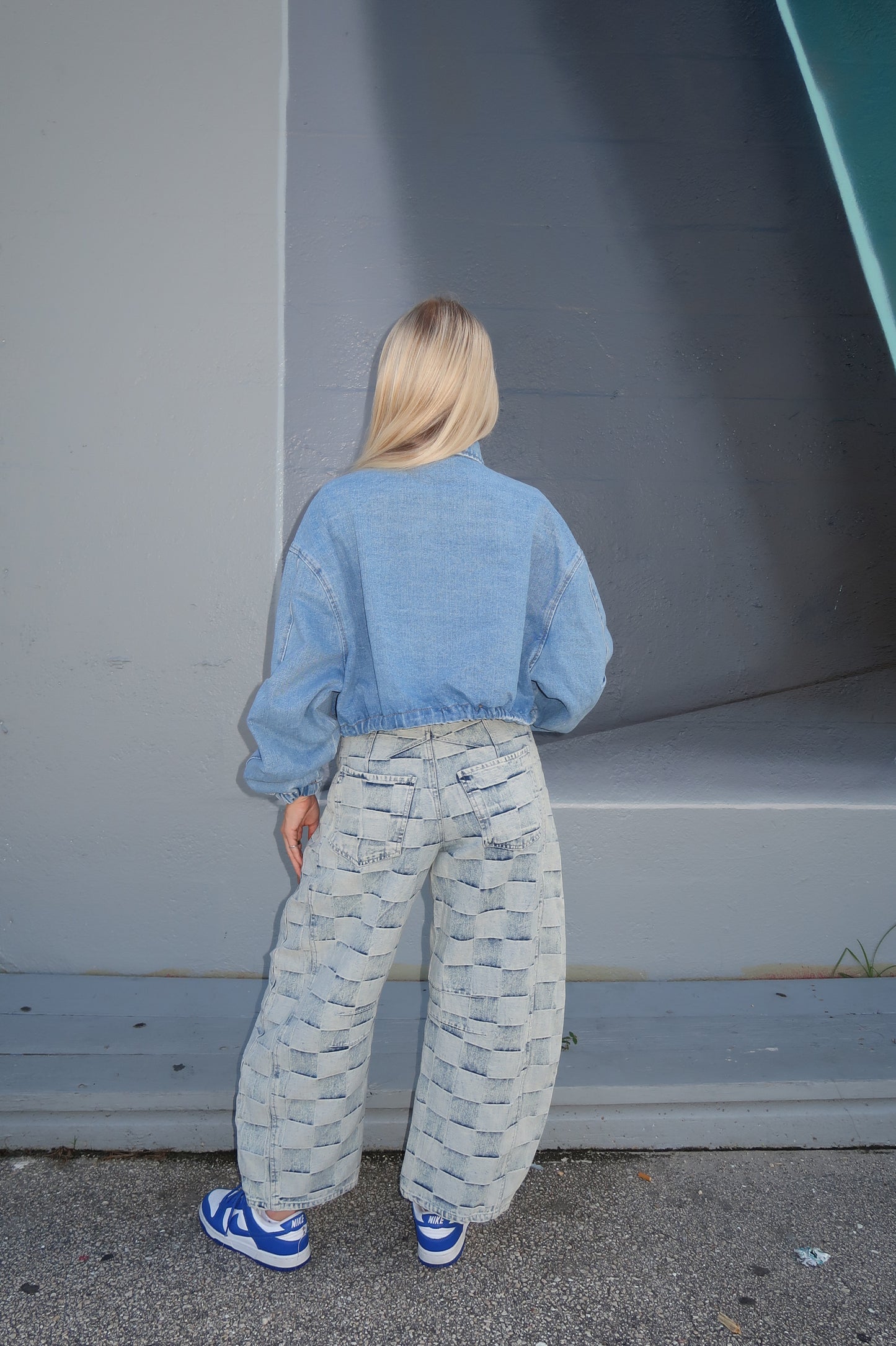 Checkered Denim Barrel Jeans