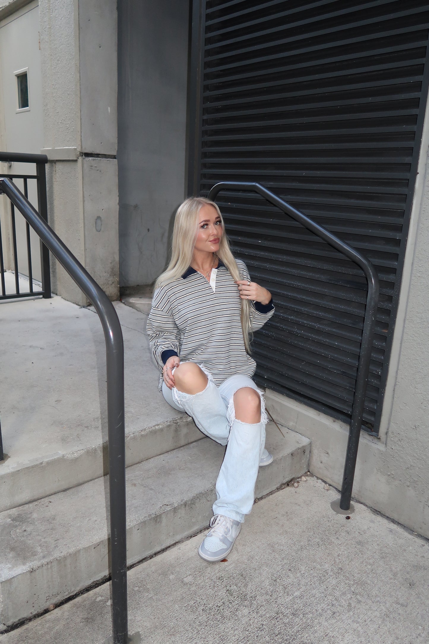Grey / Navy Striped Rugby Polo