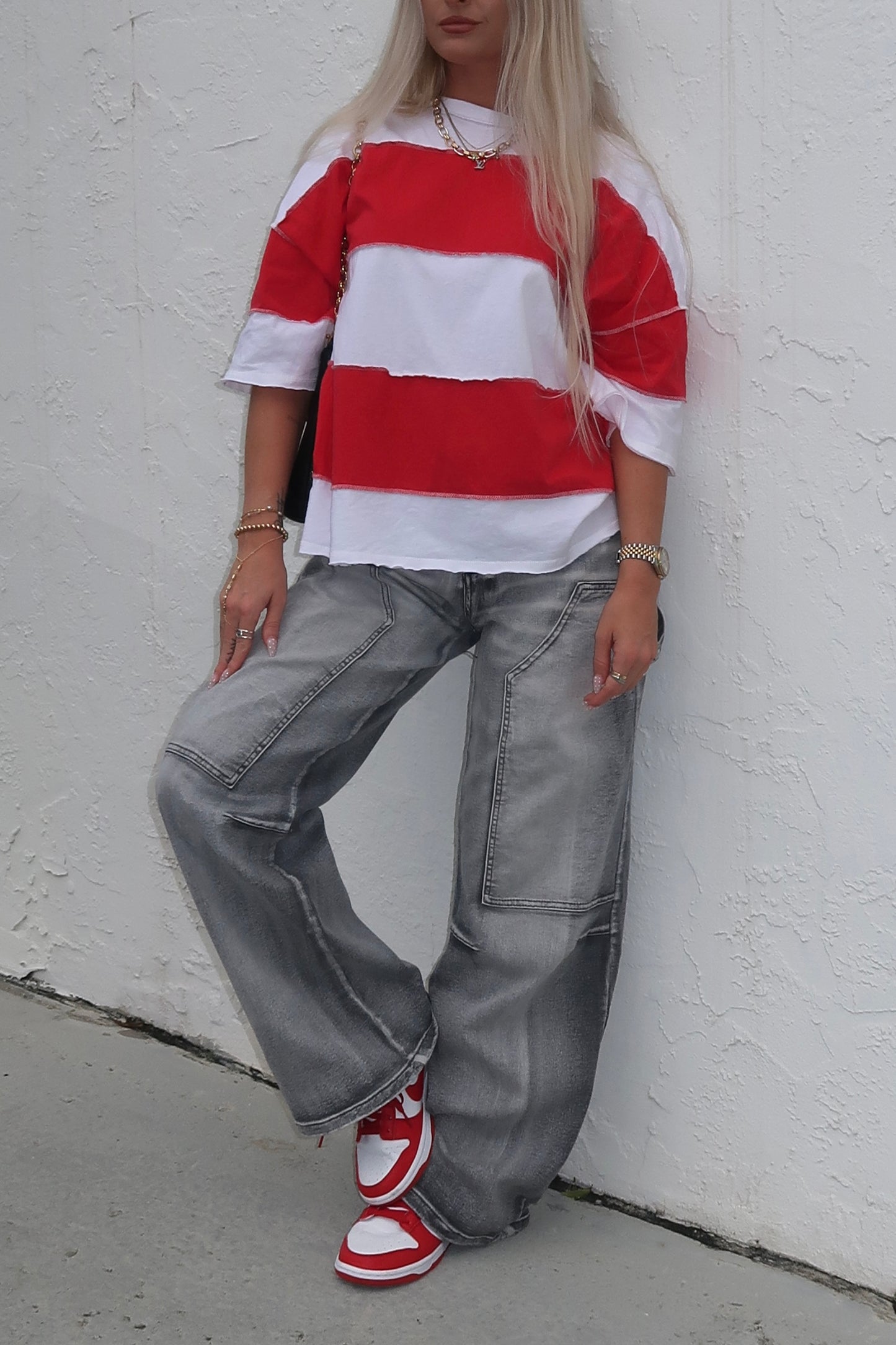 Drop Shoulder Striped Tee- Red
