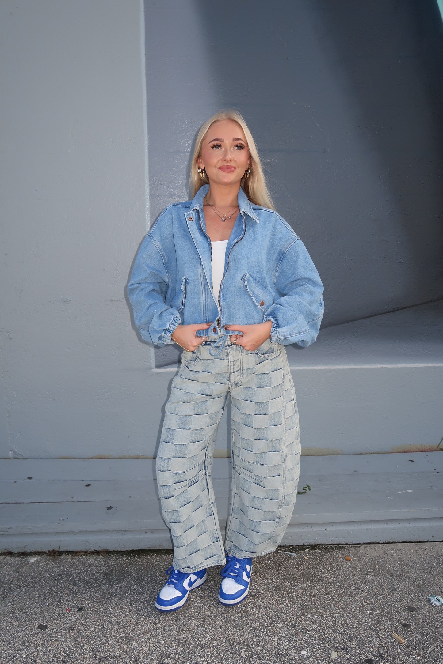 Checkered Denim Barrel Jeans