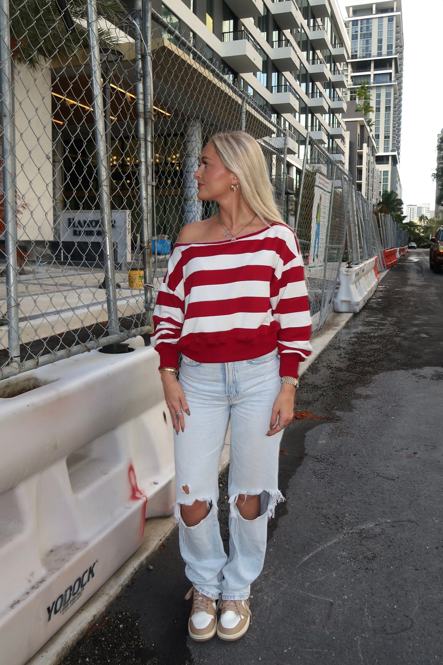 Red/ White Off The Shoulder Pullover