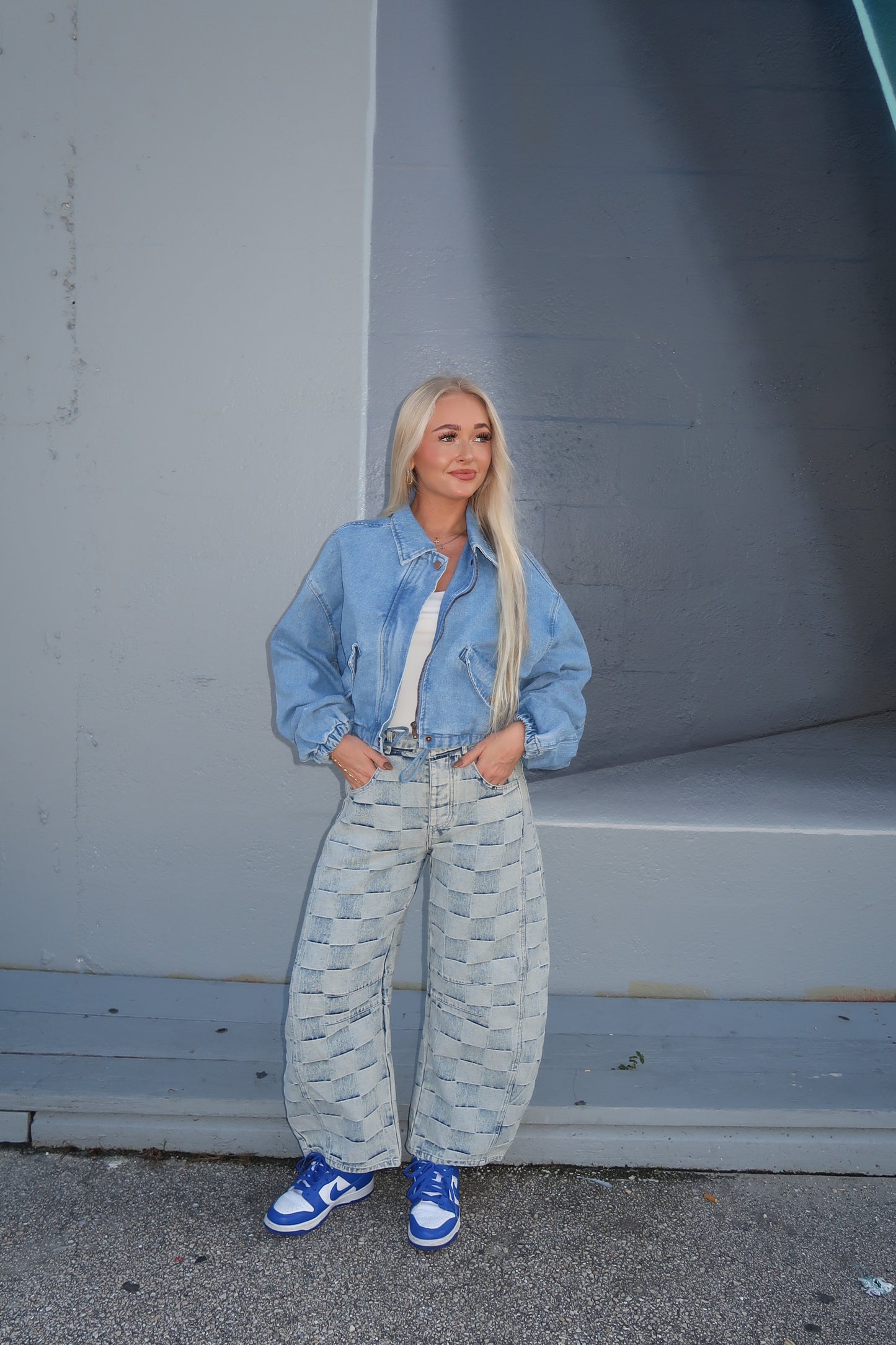 Checkered Denim Barrel Jeans
