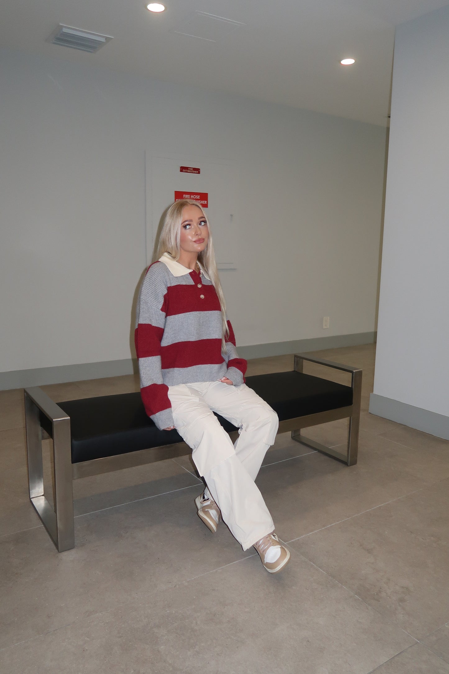 Burgundy/ Grey Striped Collared Sweater