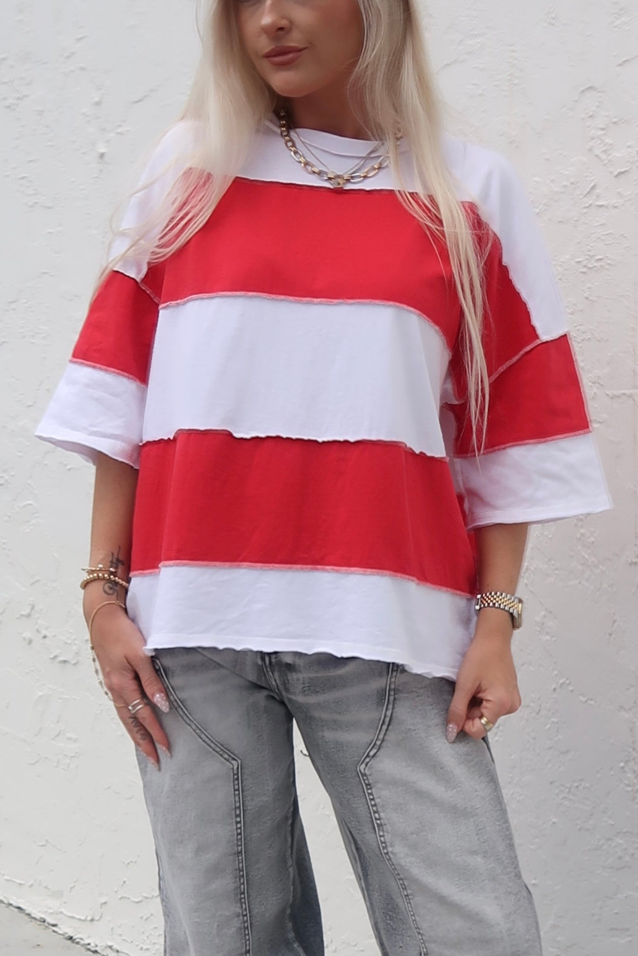 Drop Shoulder Striped Tee- Red