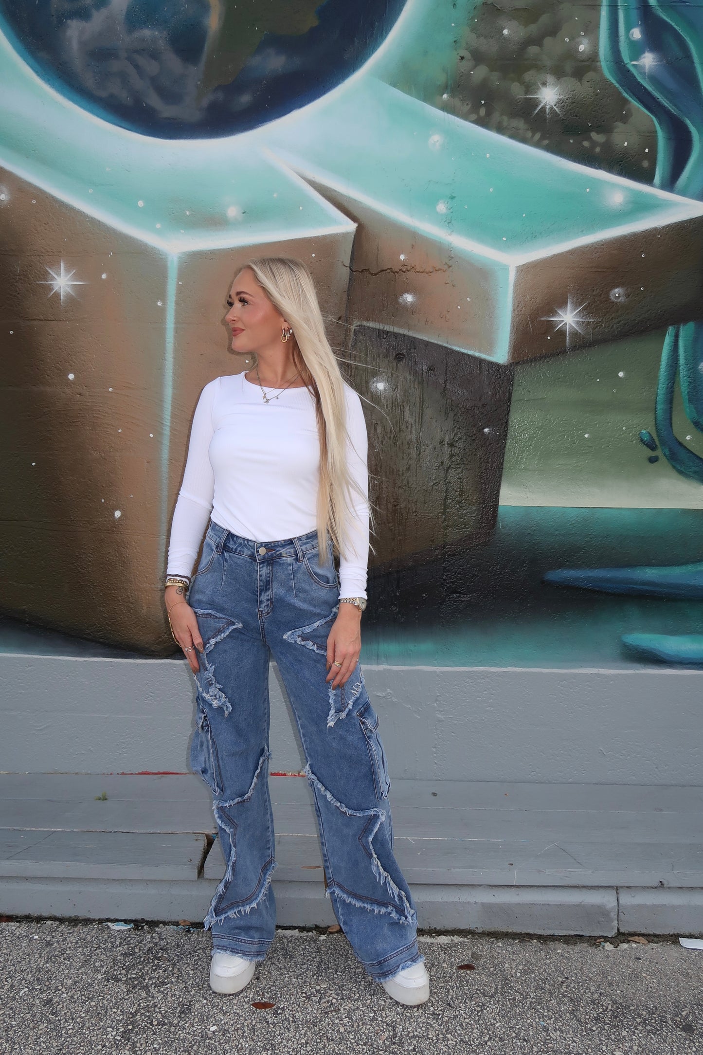 Distressed Star Cargo Jeans