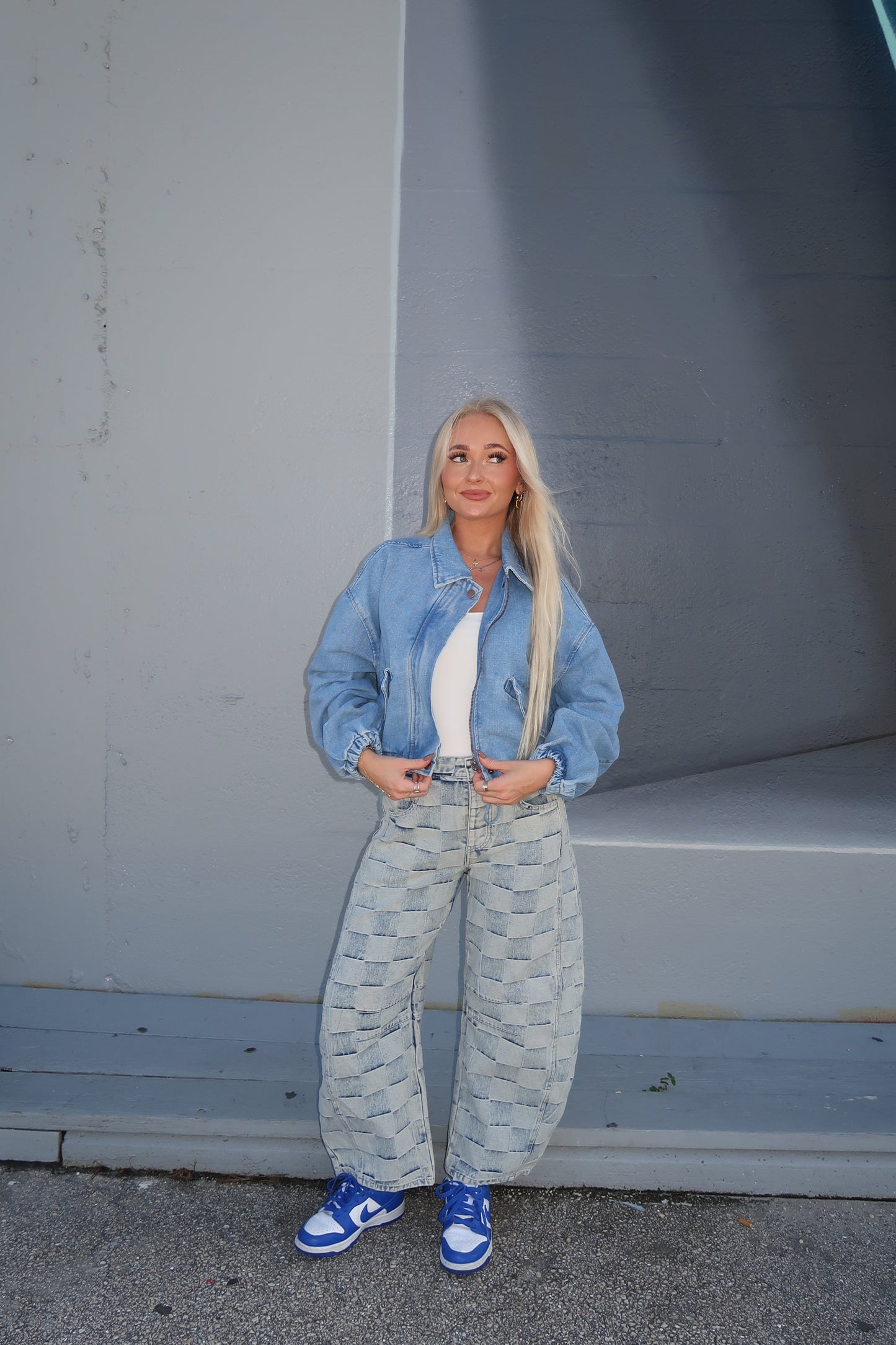 Checkered Denim Barrel Jeans