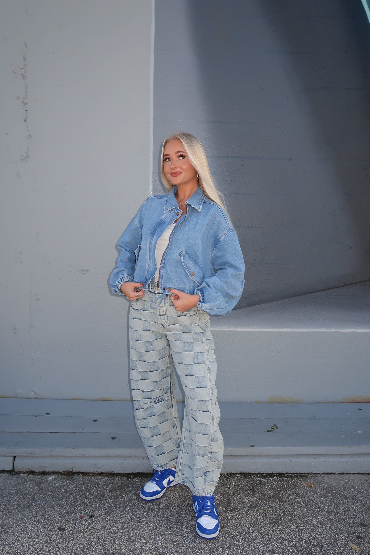 Checkered Denim Barrel Jeans