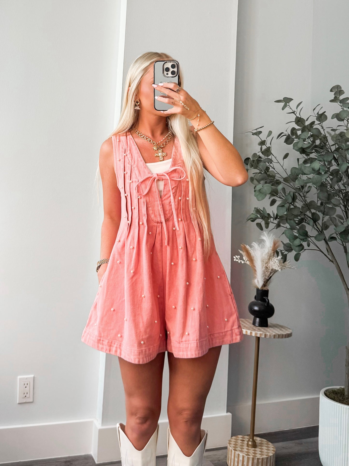 Pretty In Pearls Denim Romper