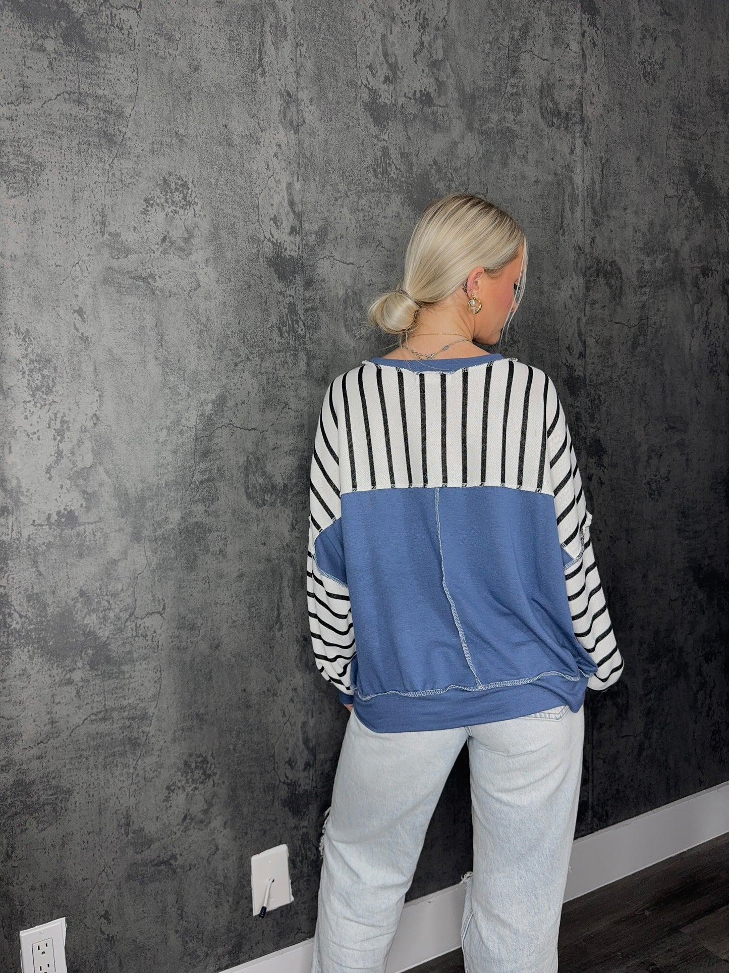 White, Black & Blue Striped Pullover