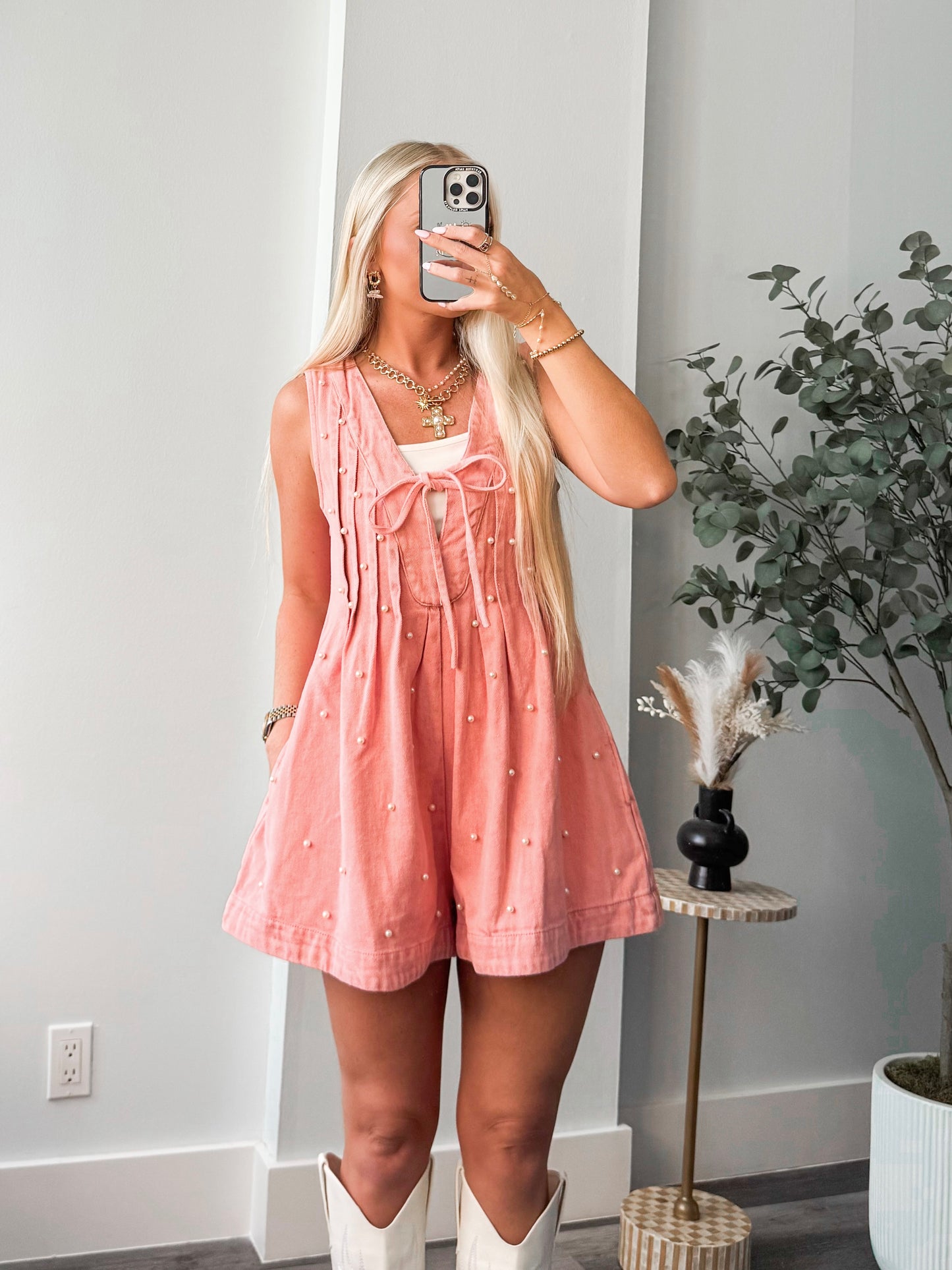 Pretty In Pearls Denim Romper