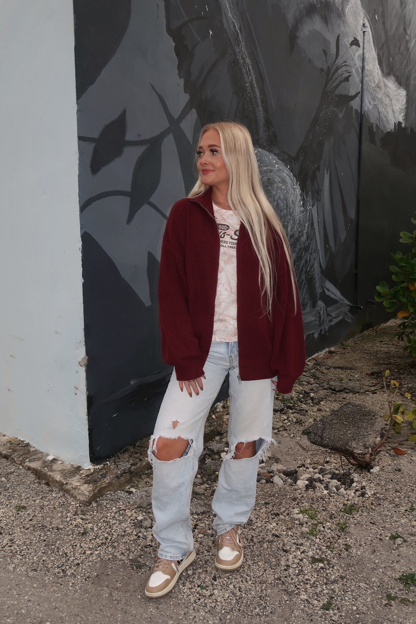 Oversized Knit Jacket- Burgandy