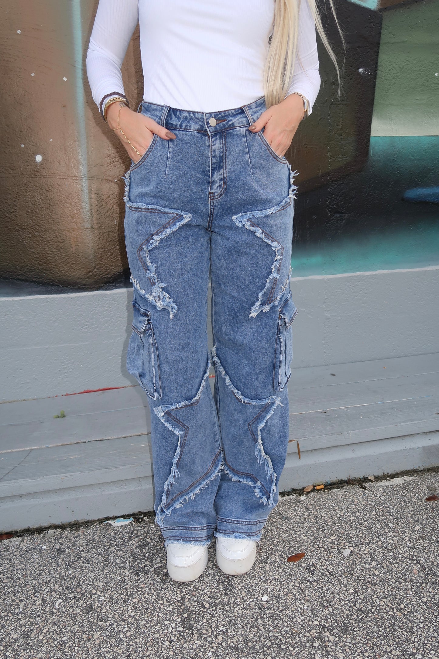 Distressed Star Cargo Jeans