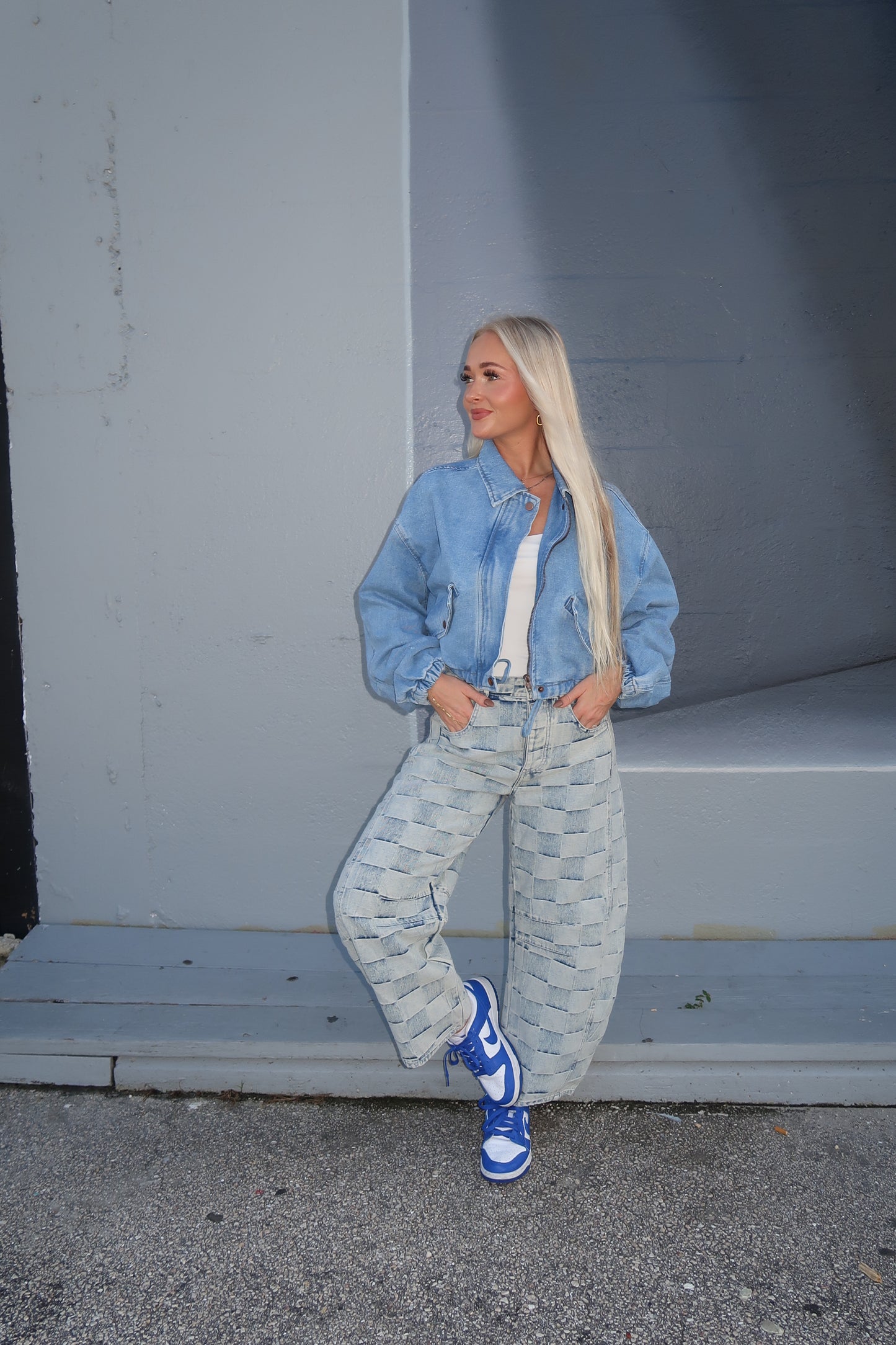 Checkered Denim Barrel Jeans