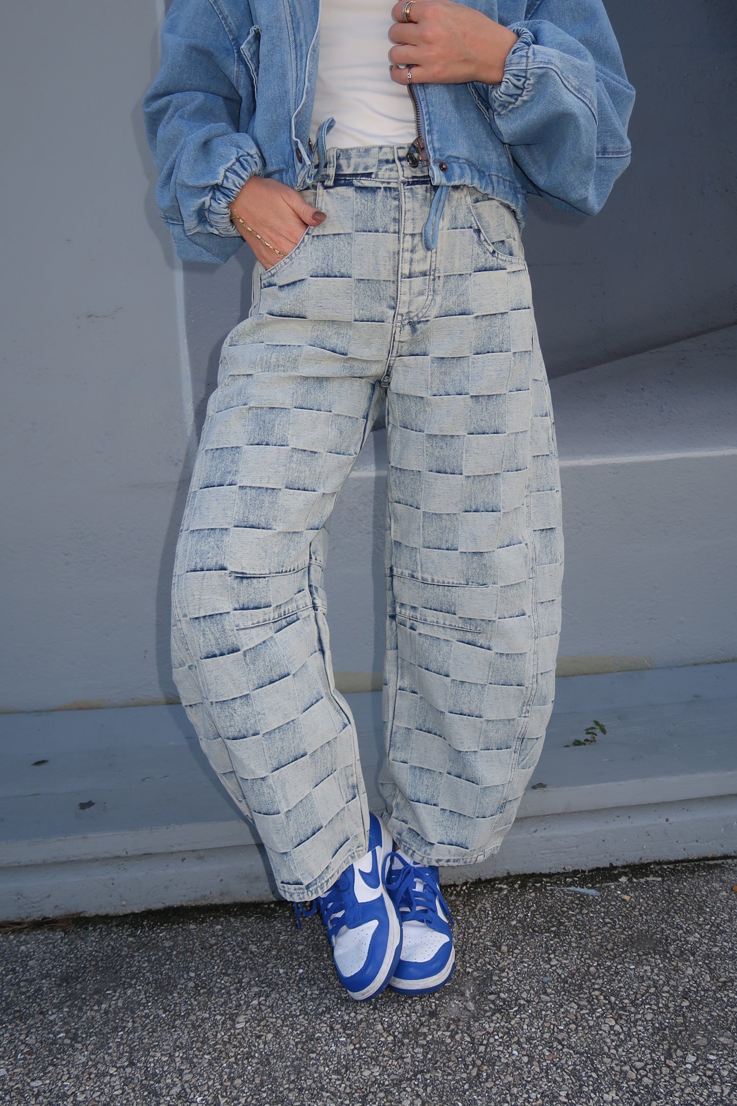Checkered Denim Barrel Jeans