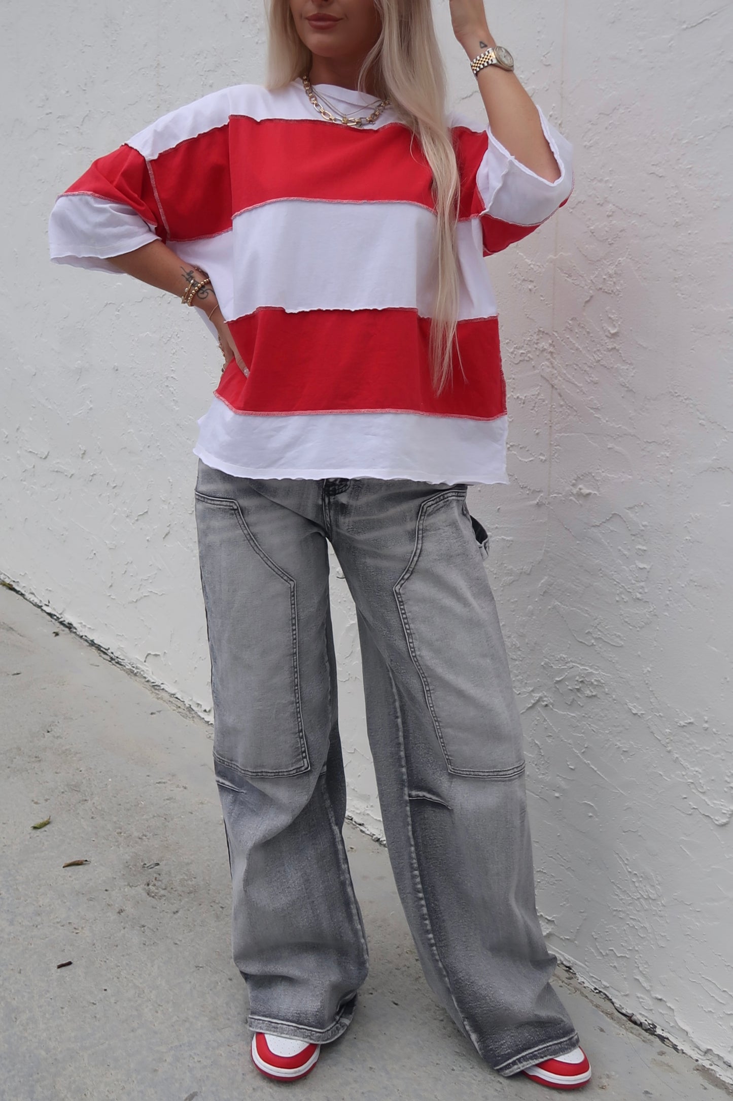 Drop Shoulder Striped Tee- Red