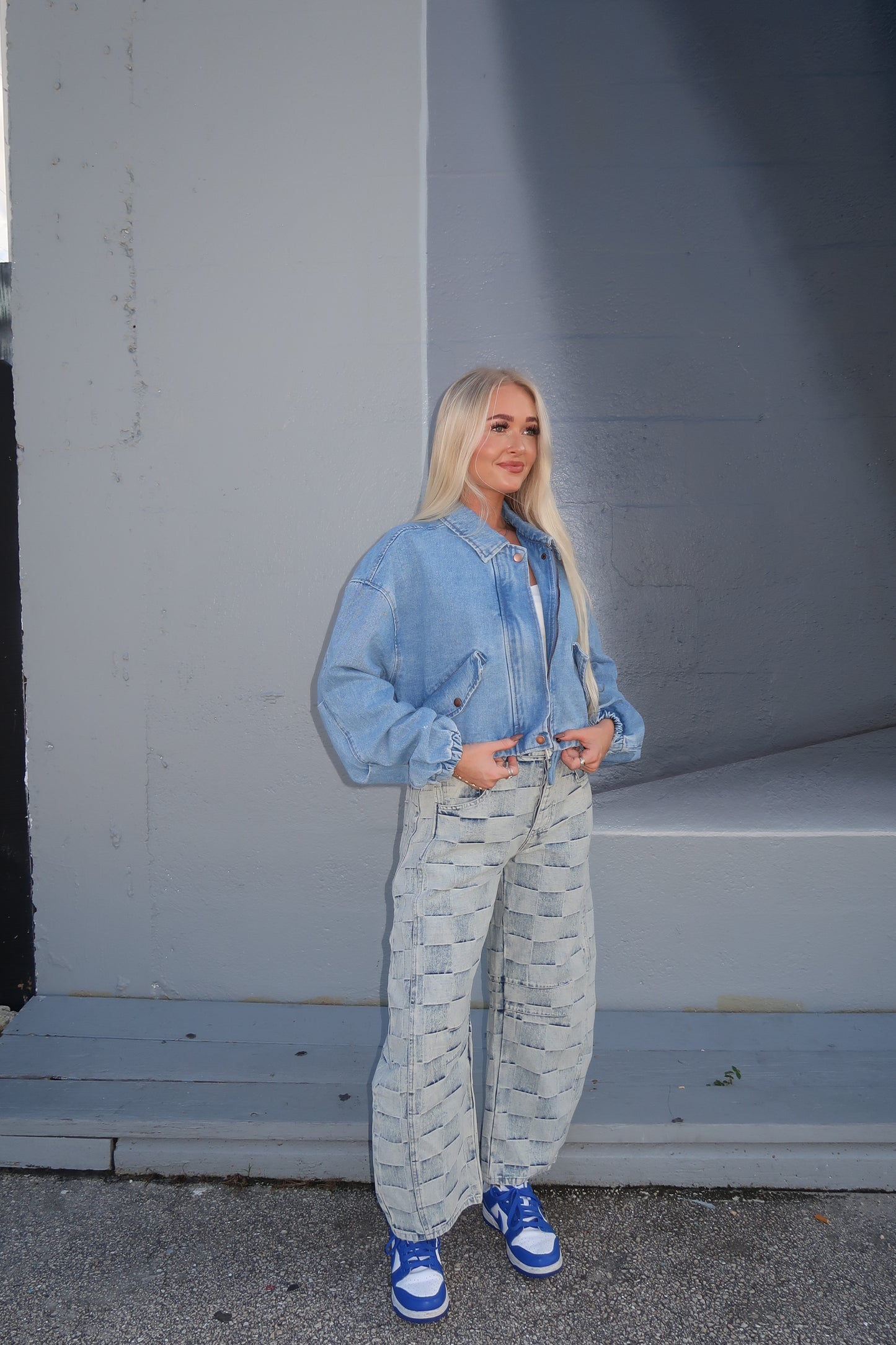 Checkered Denim Barrel Jeans
