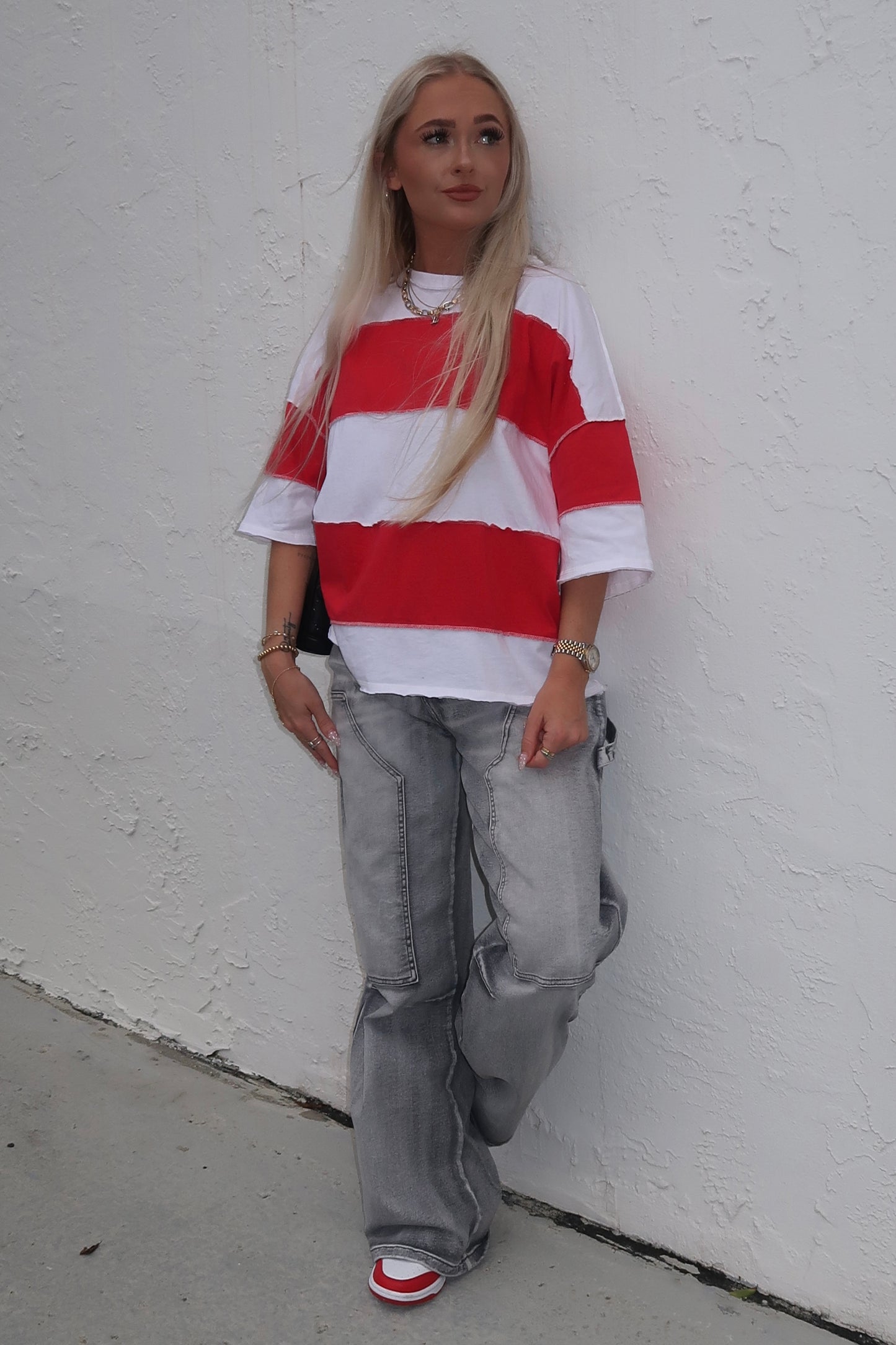 Drop Shoulder Striped Tee- Red