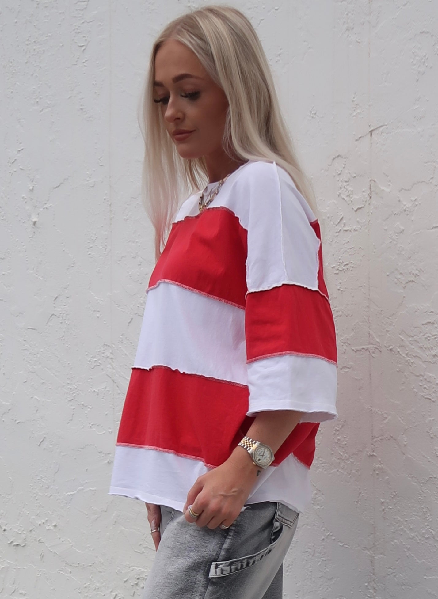 Drop Shoulder Striped Tee- Red
