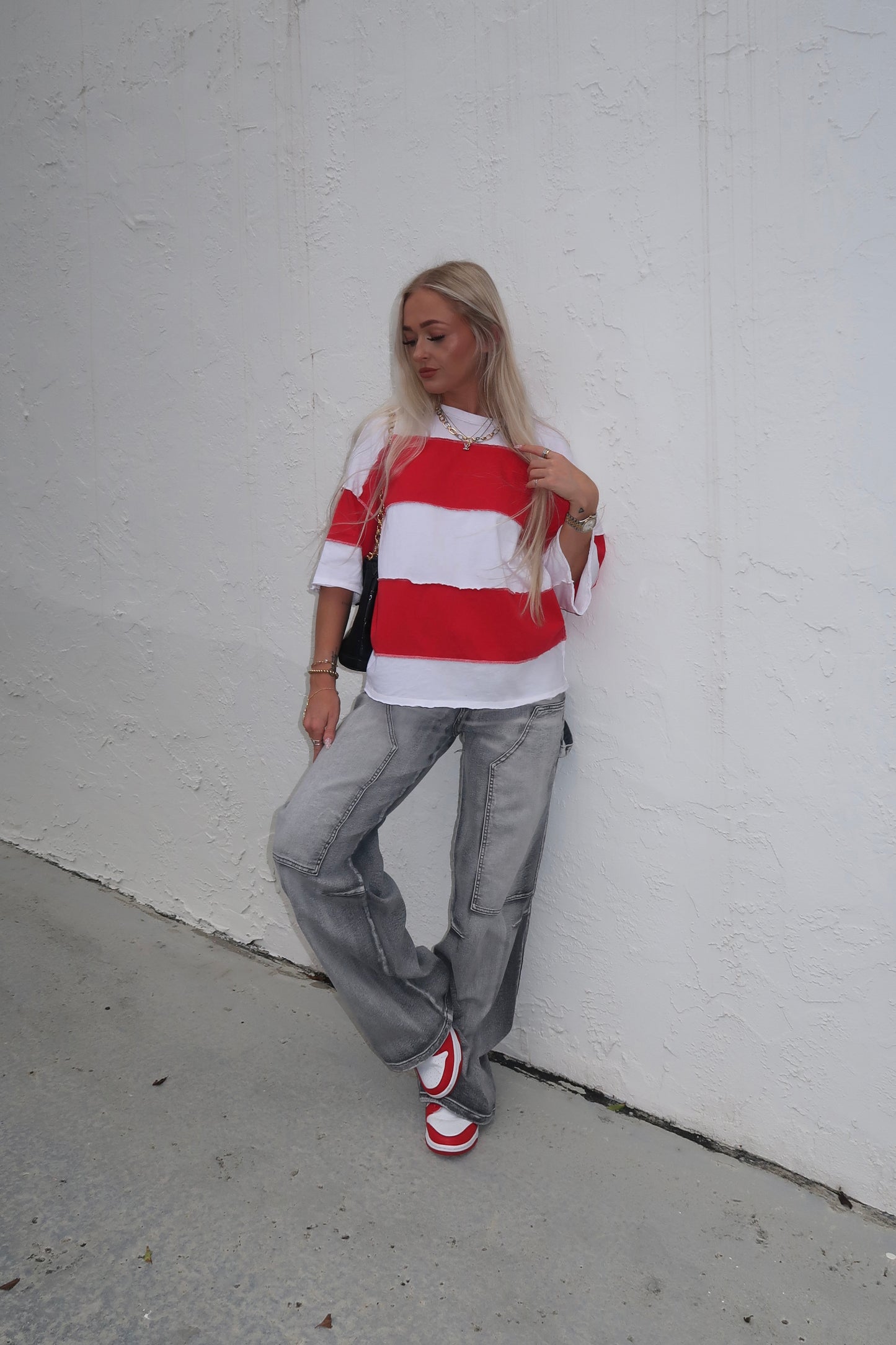 Drop Shoulder Striped Tee- Red