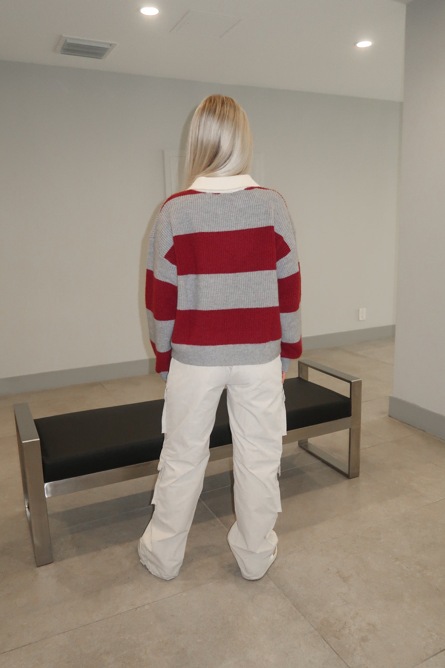 Burgundy/ Grey Striped Collared Sweater