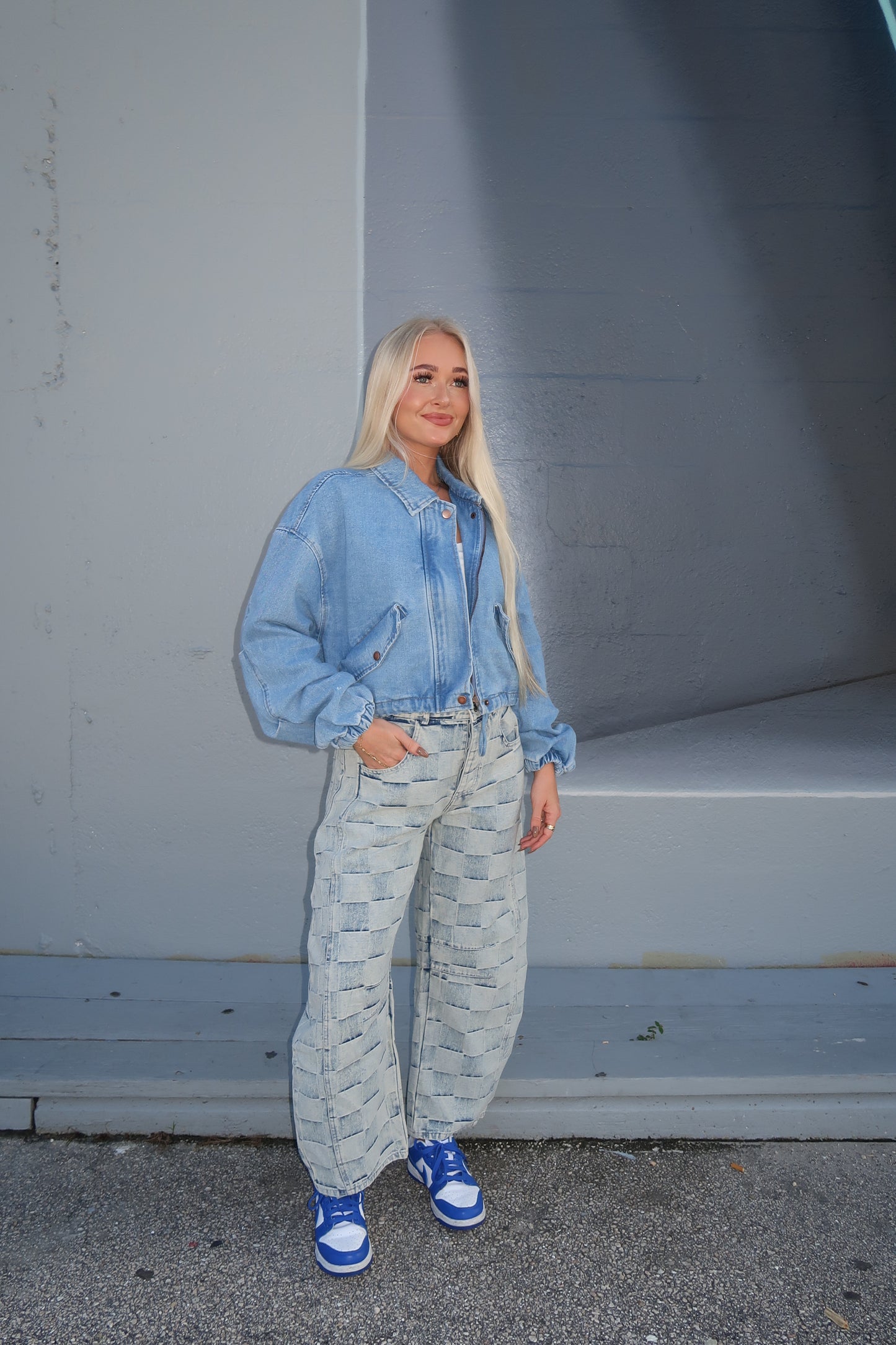 Checkered Denim Barrel Jeans
