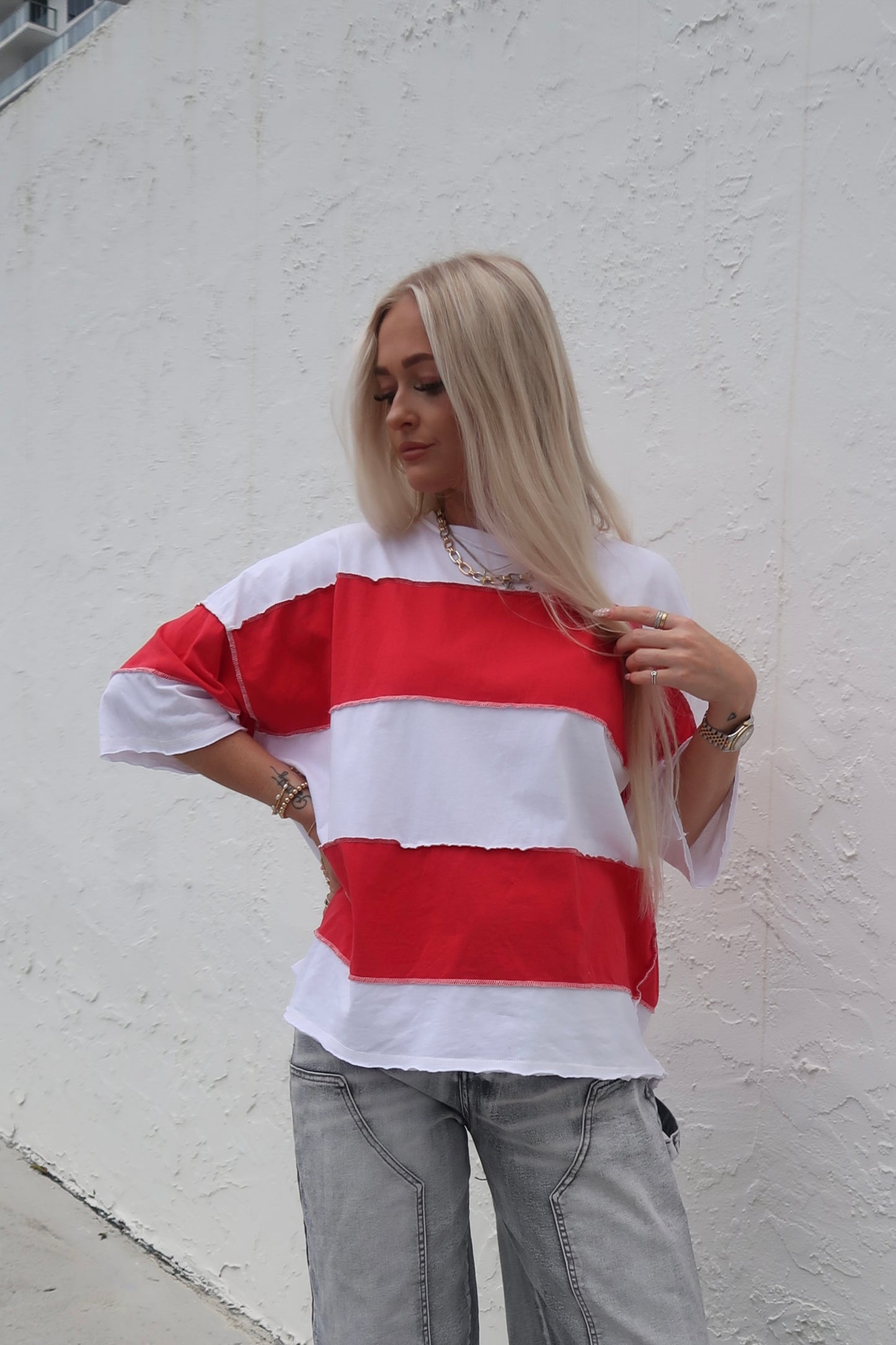 Drop Shoulder Striped Tee- Red