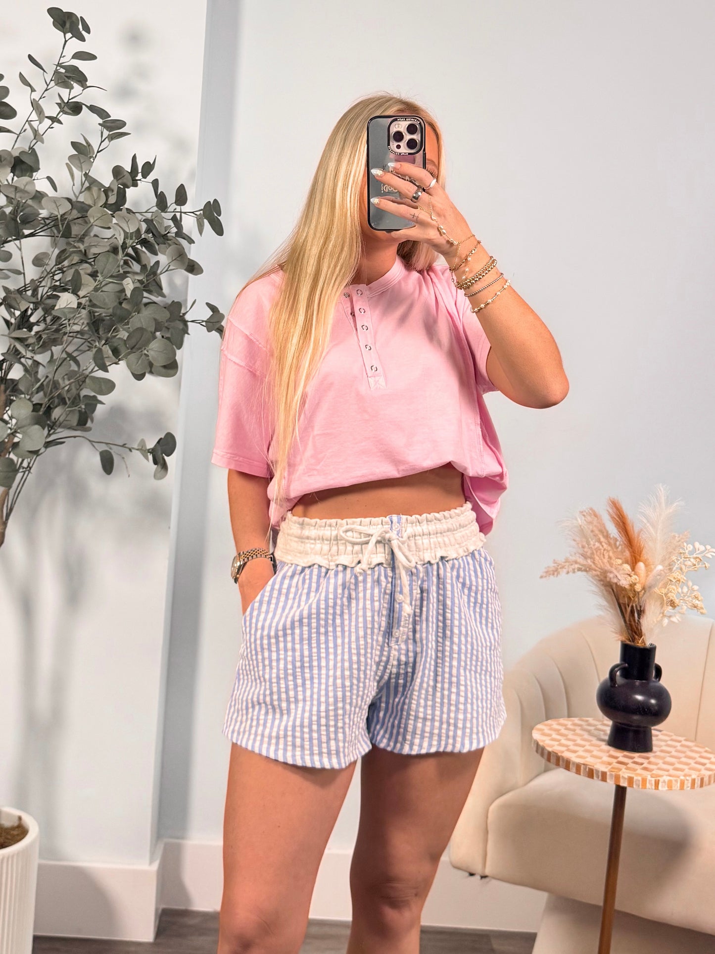 Riley Henley Short Sleeve Top- Pink