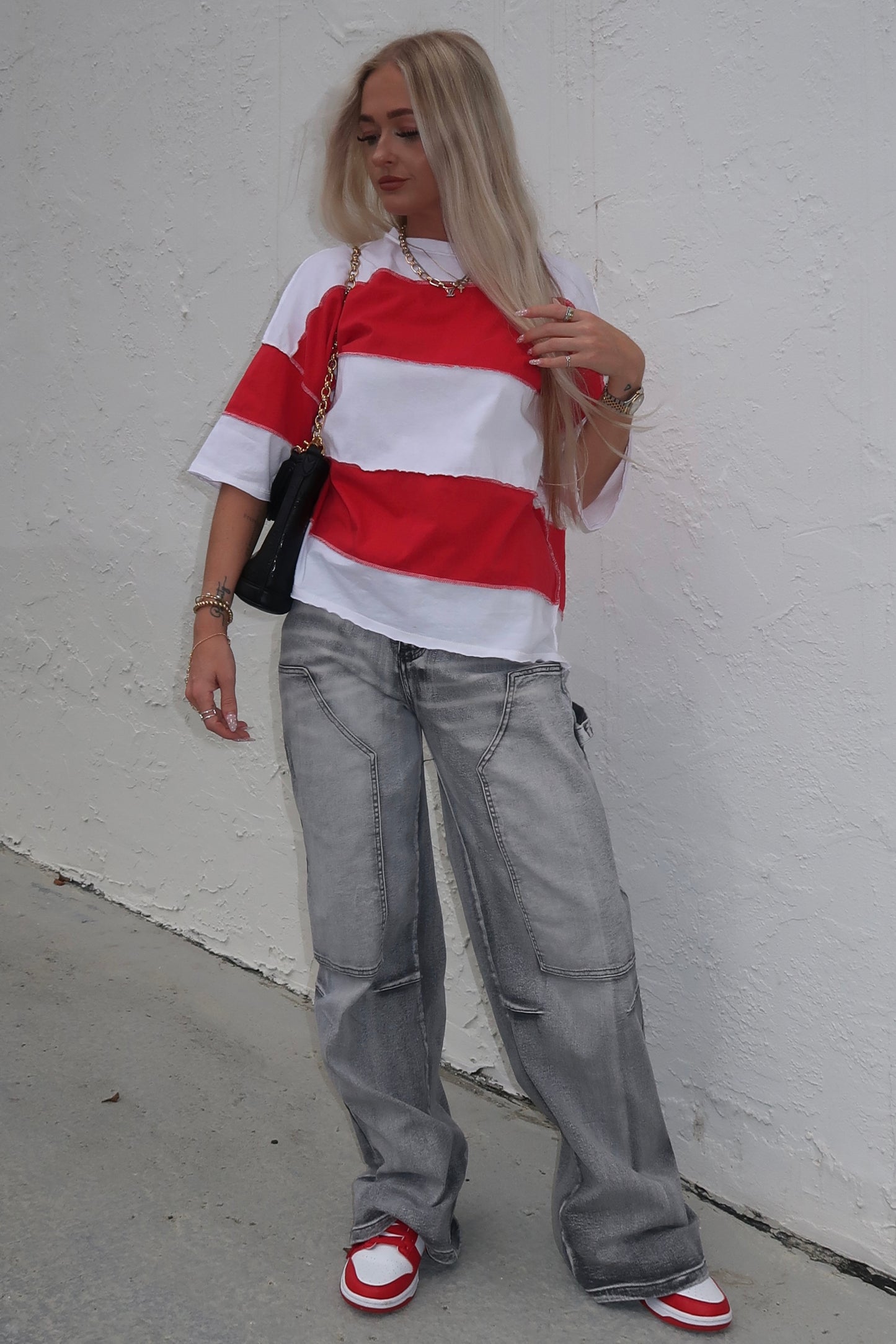 Drop Shoulder Striped Tee- Red