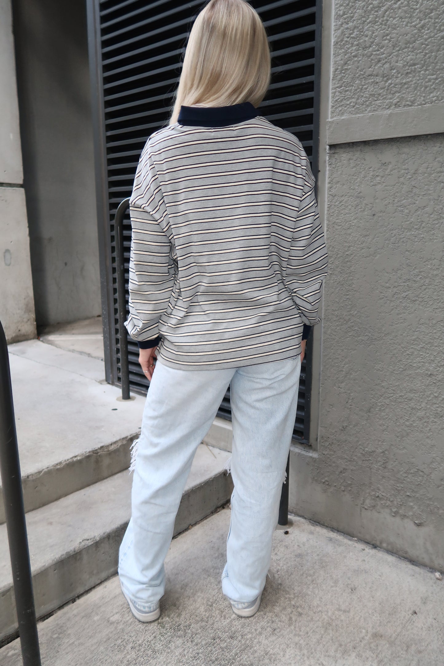 Grey / Navy Striped Rugby Polo