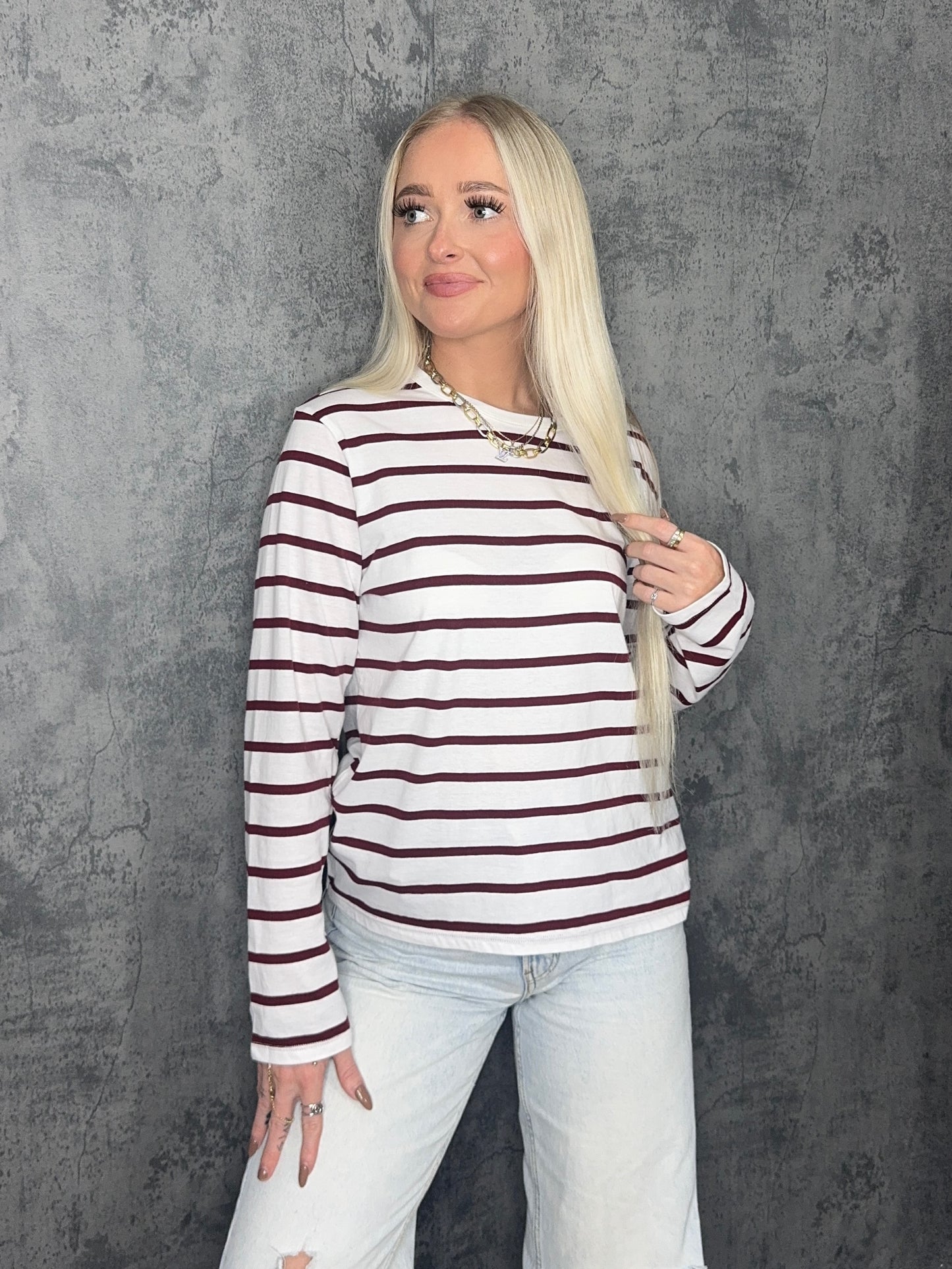Burgundy & White Striped Long Sleeve