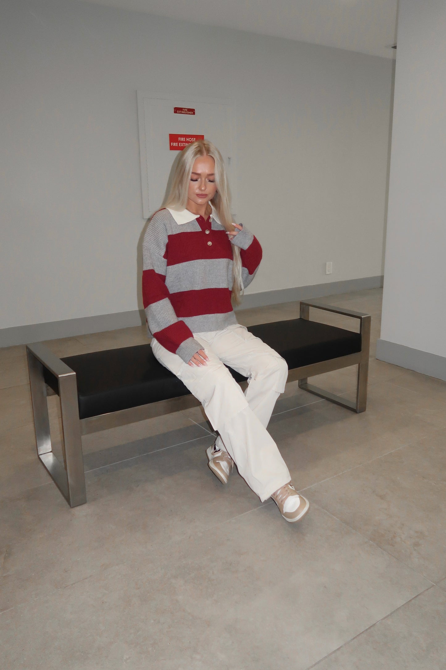 Burgundy/ Grey Striped Collared Sweater