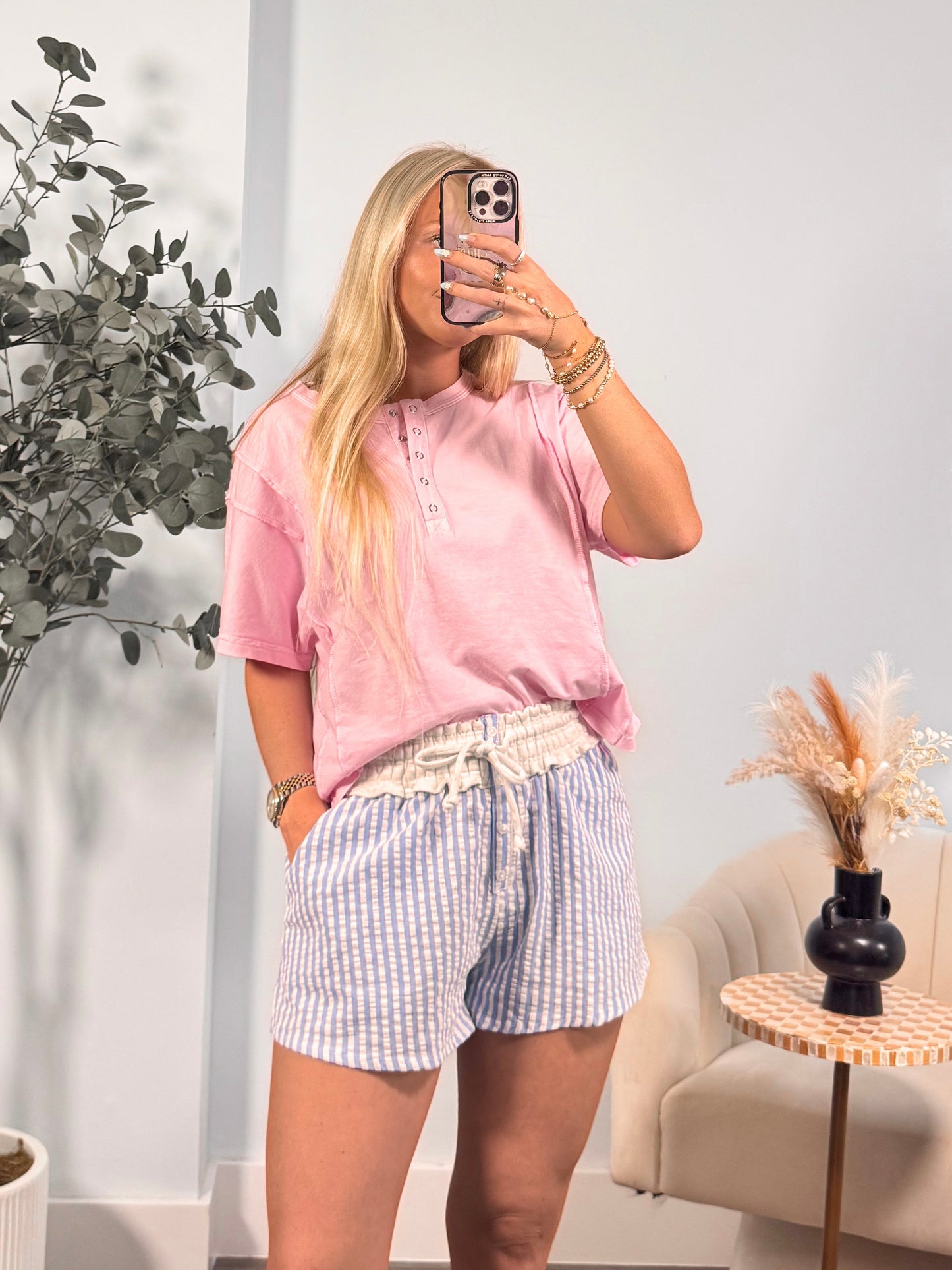 Riley Henley Short Sleeve Top- Pink