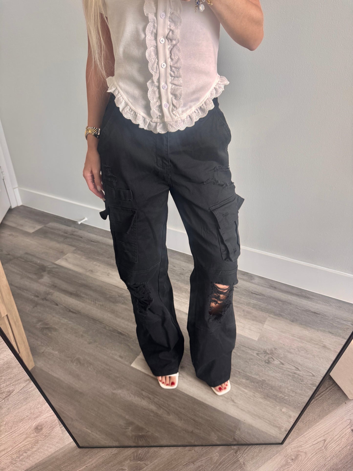 Black Distressed Cargo Jeans