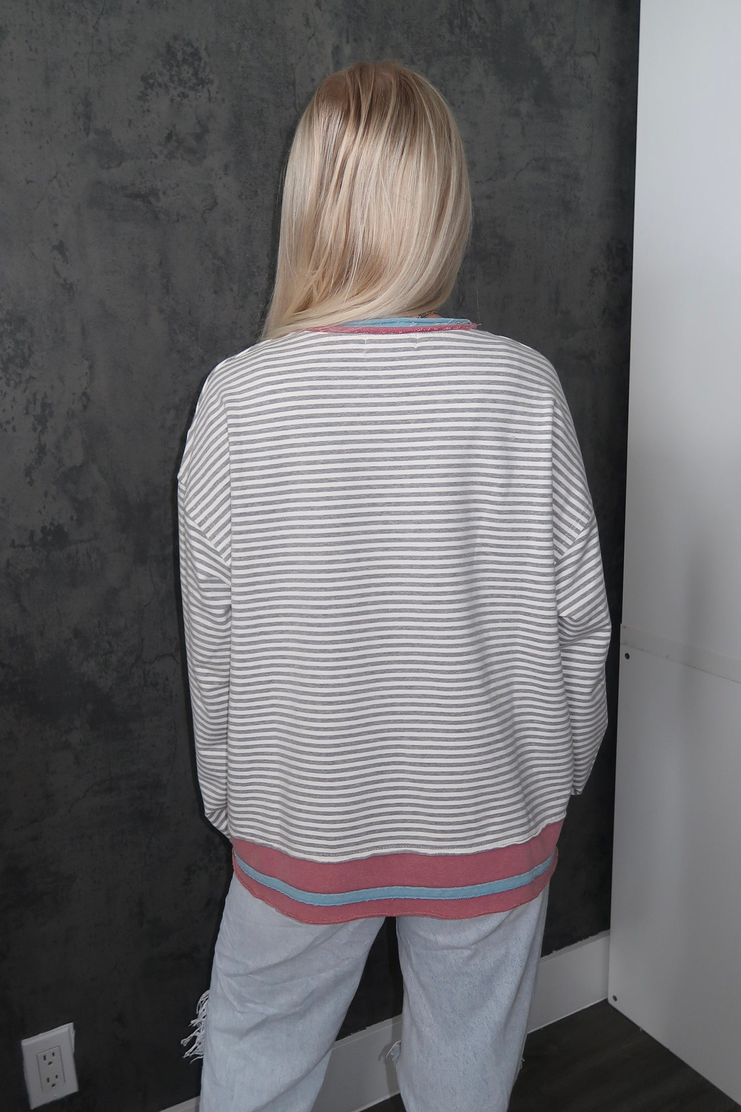 Grey Striped Oversized Long Sleeve