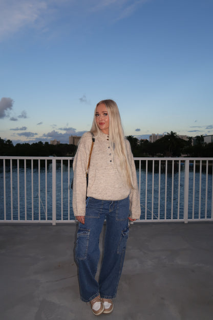 Two Tone Snap Collar Knit Pullover