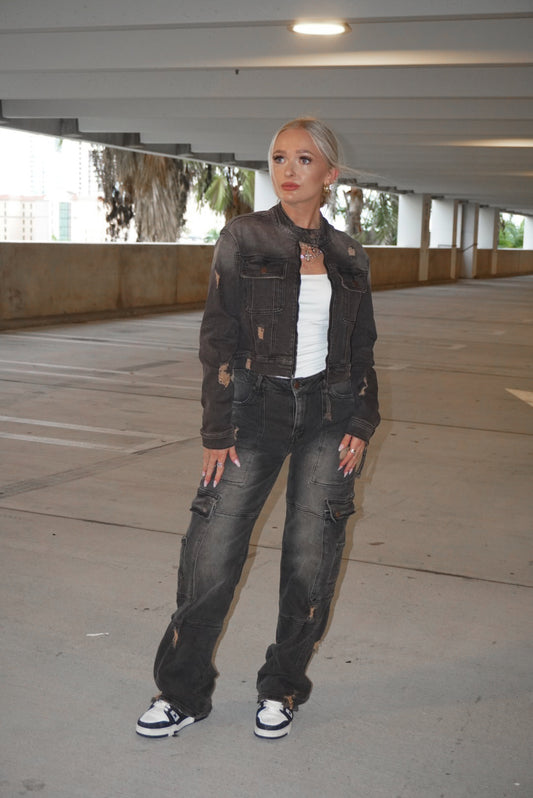 Washed Distressed Cargo Jeans