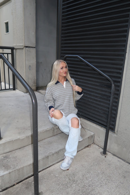Grey / Navy Striped Rugby Polo