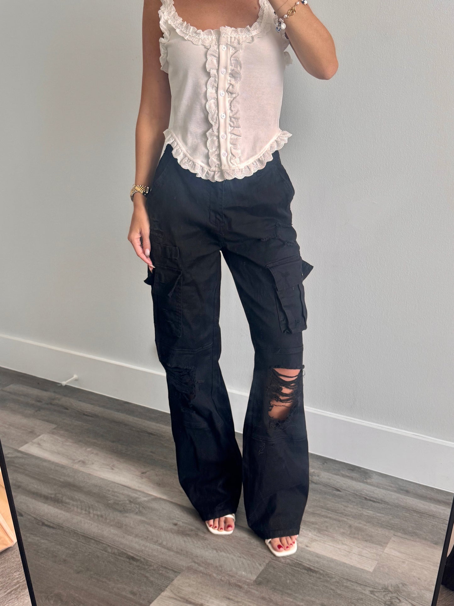 Black Distressed Cargo Jeans