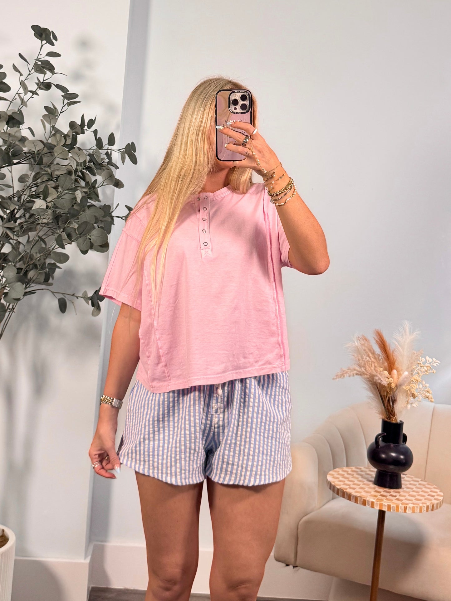 Riley Henley Short Sleeve Top- Pink