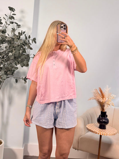 Riley Henley Short Sleeve Top- Pink