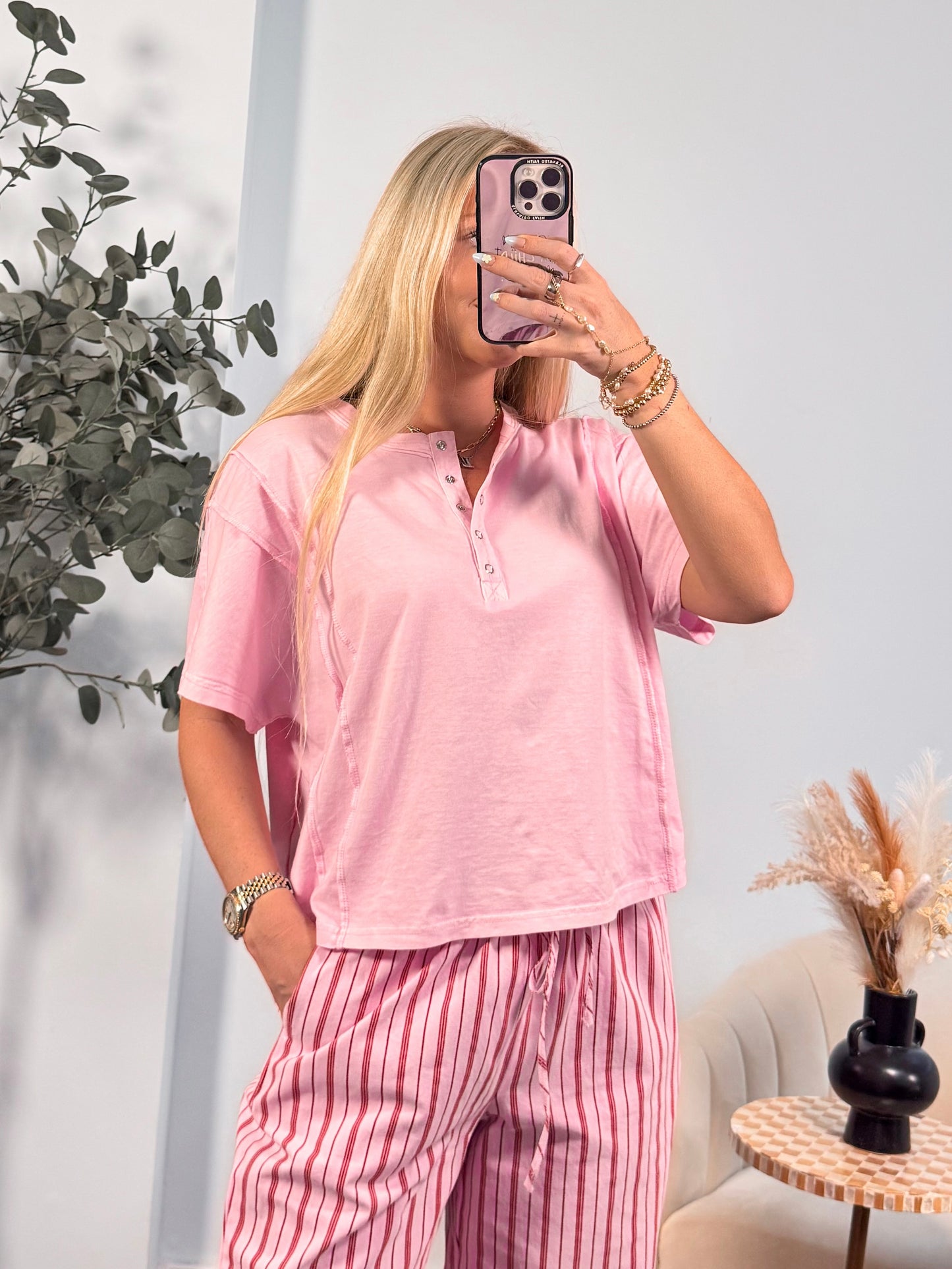 Riley Henley Short Sleeve Top- Pink