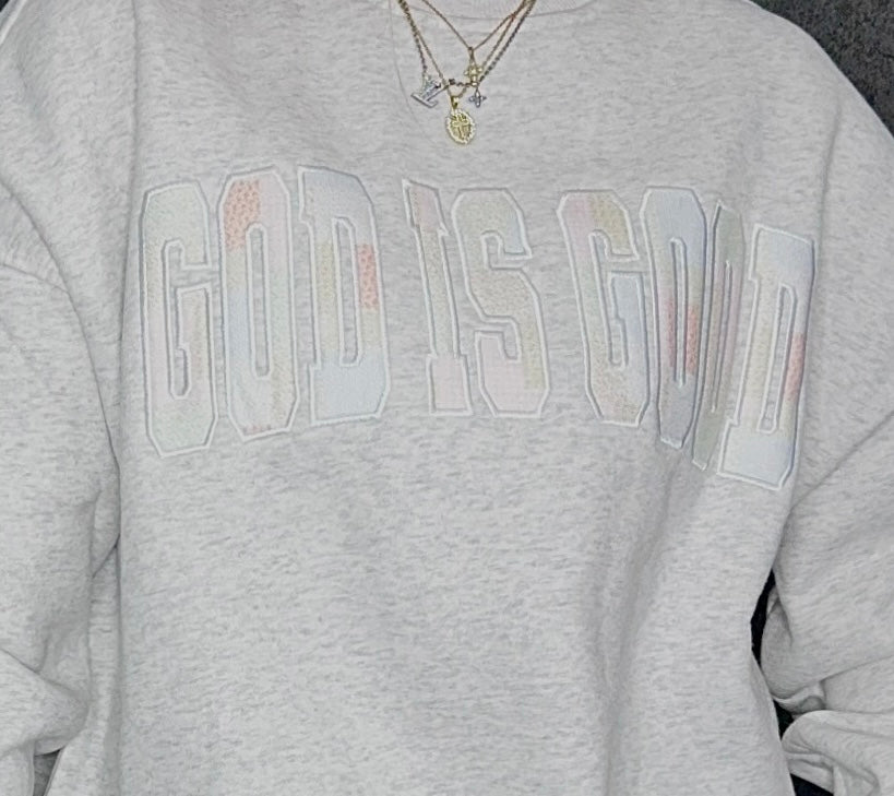 God Is Good Quilted Pastel Embroidered Sweatshirt