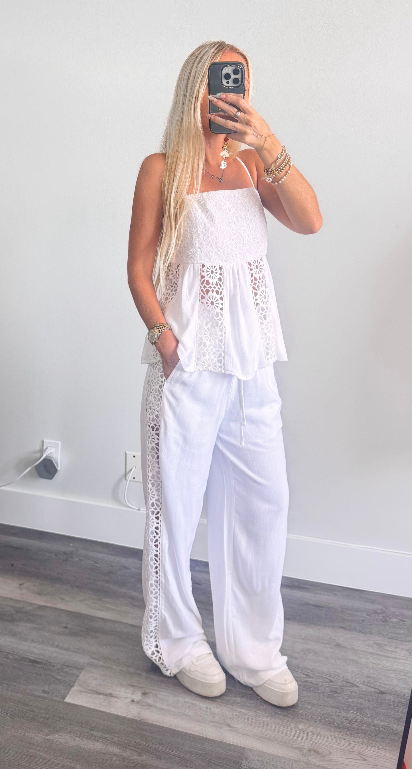 White Crochet Pants Set