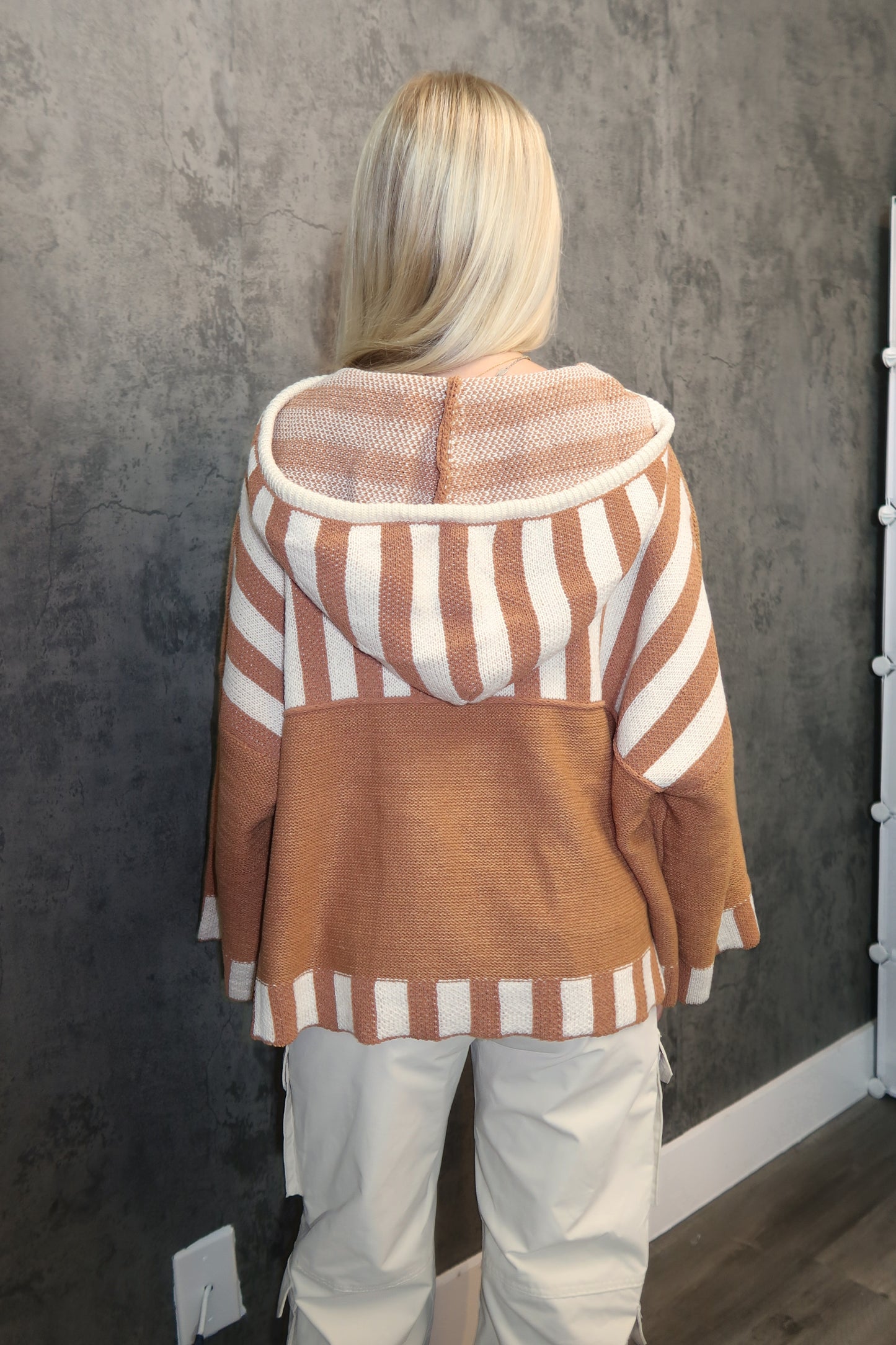 Camel Striped Knit Hoodie