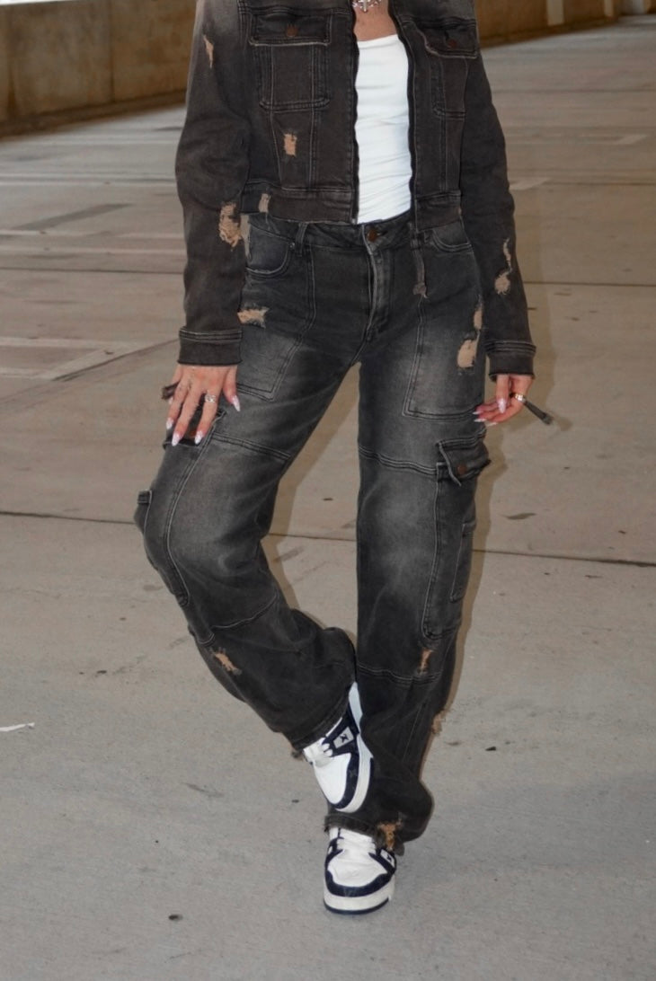 Washed Distressed Cargo Jeans