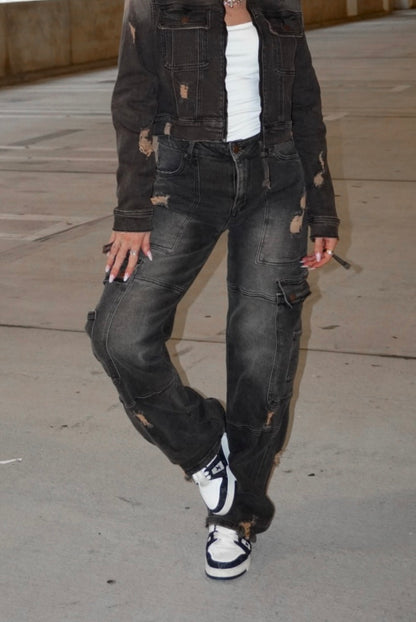 Washed Distressed Cargo Jeans