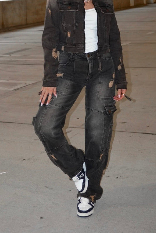 Washed Distressed Cargo Jeans