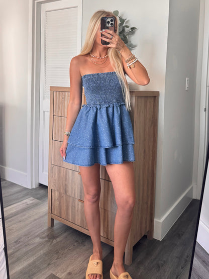 Penelope Polka Dot Denim Romper
