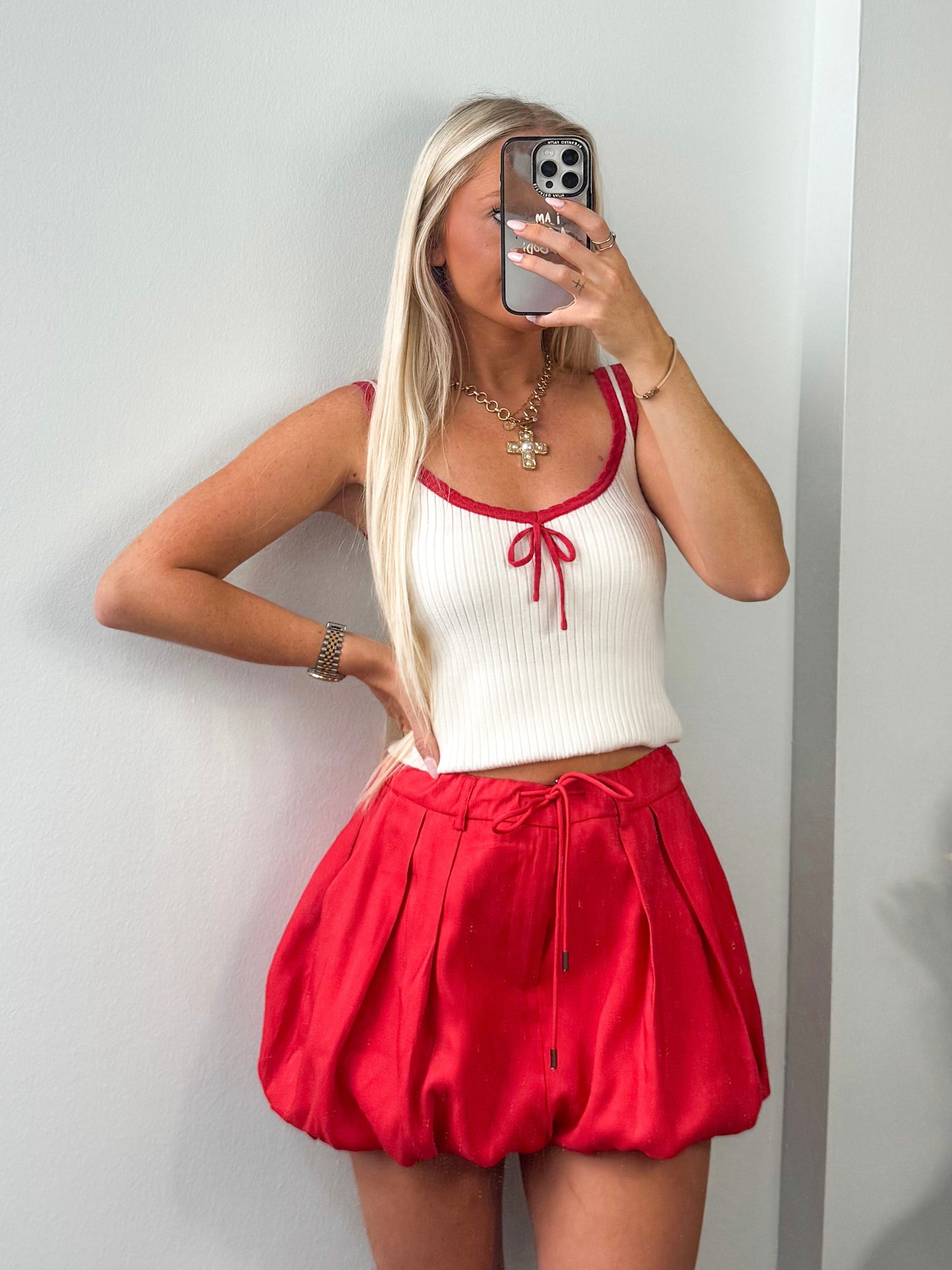 New Beginnings Bubble Hem Skort- Red